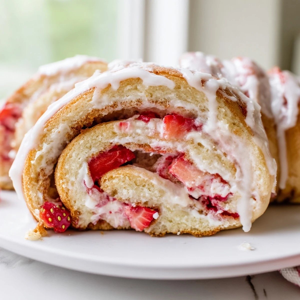 Golden strawberry cheesecake rolls drizzled with sweet vanilla glaze on a rustic baking pan