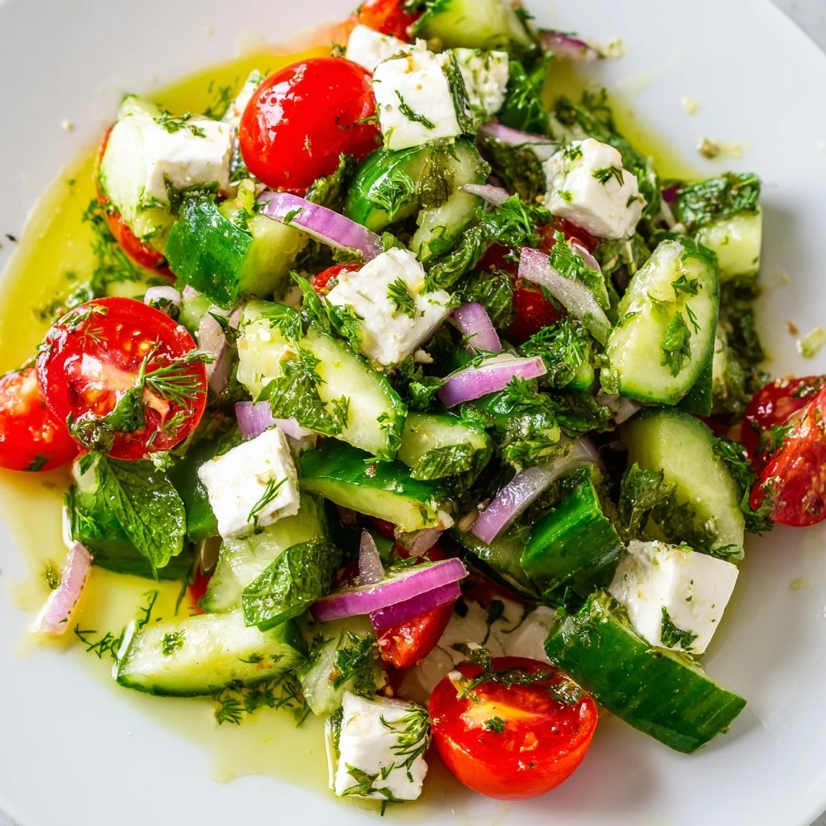Vibrant feta cucumber herb salad topped with fresh dill mint and tomatoes
