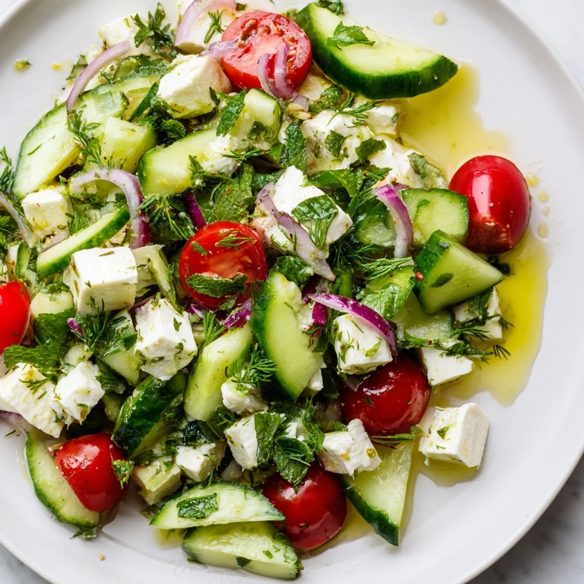 Creamy feta cucumber herb salad glistening with lemon olive oil dressing