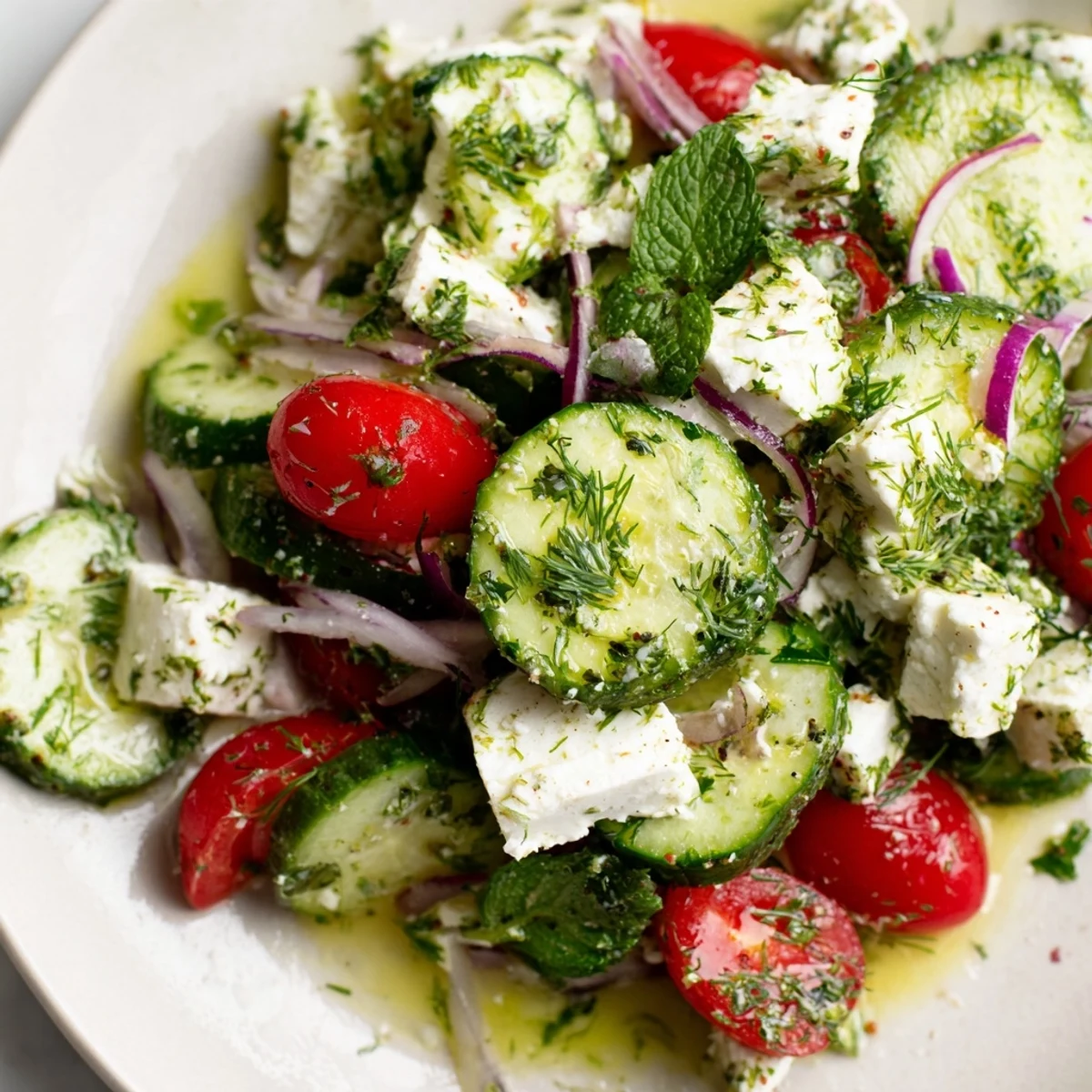 Crumbled feta cucumber herb salad nestled in a rustic white serving bowl