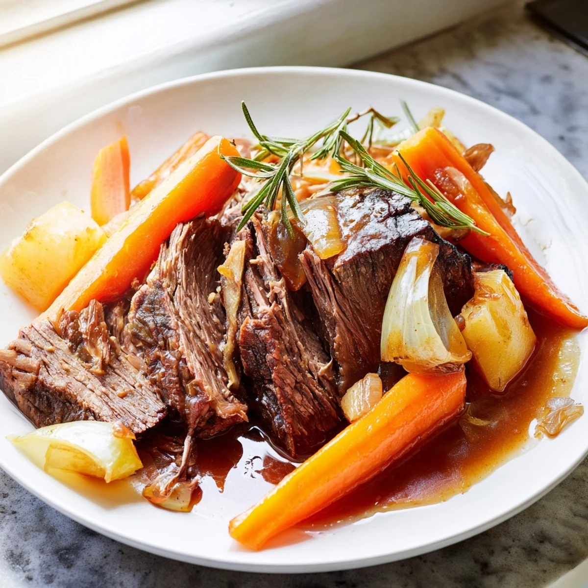 Tender perfect pot roast with carrots and celery in rich savory gravy