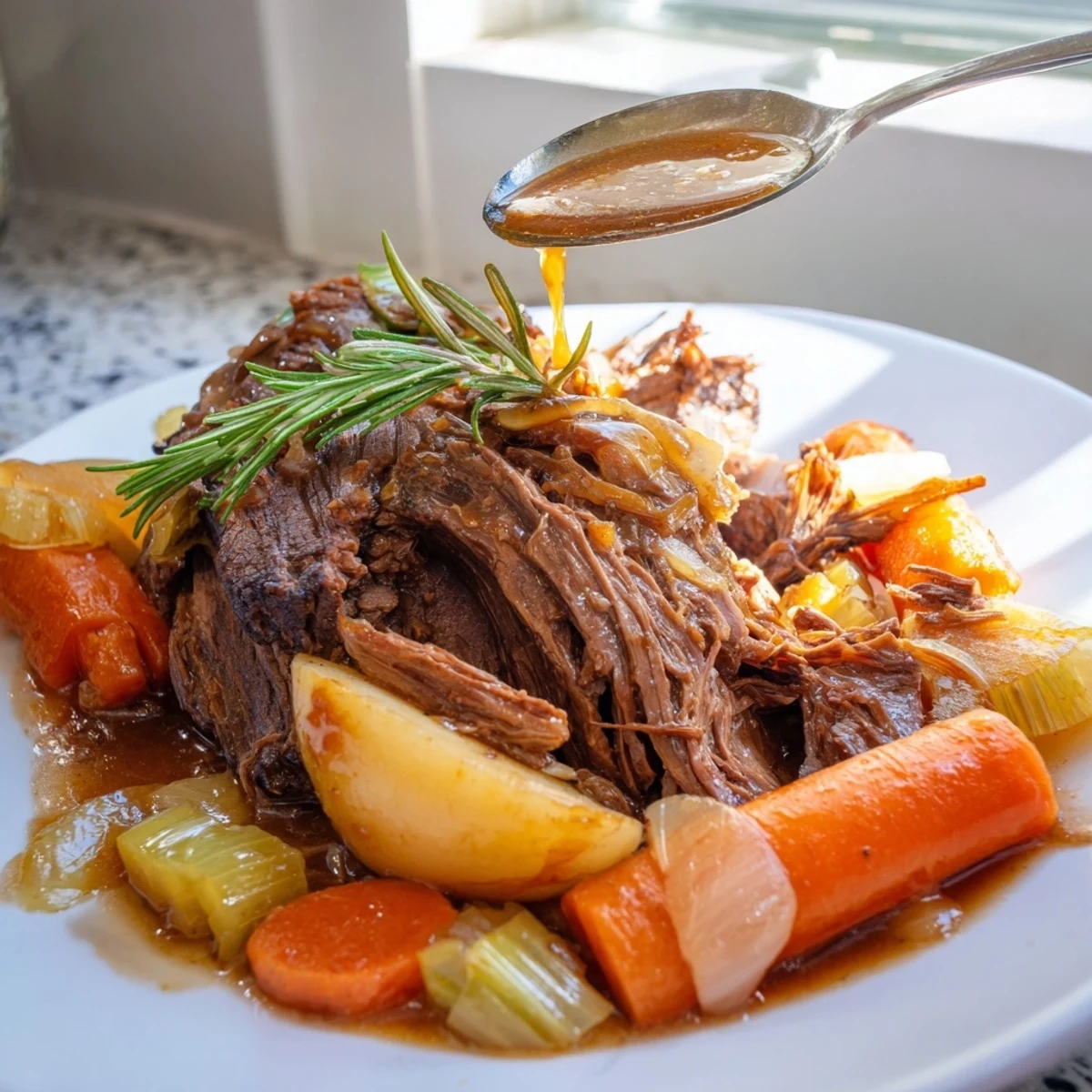 Perfect pot roast sliced thick beside tender vegetables drizzled with pan juices