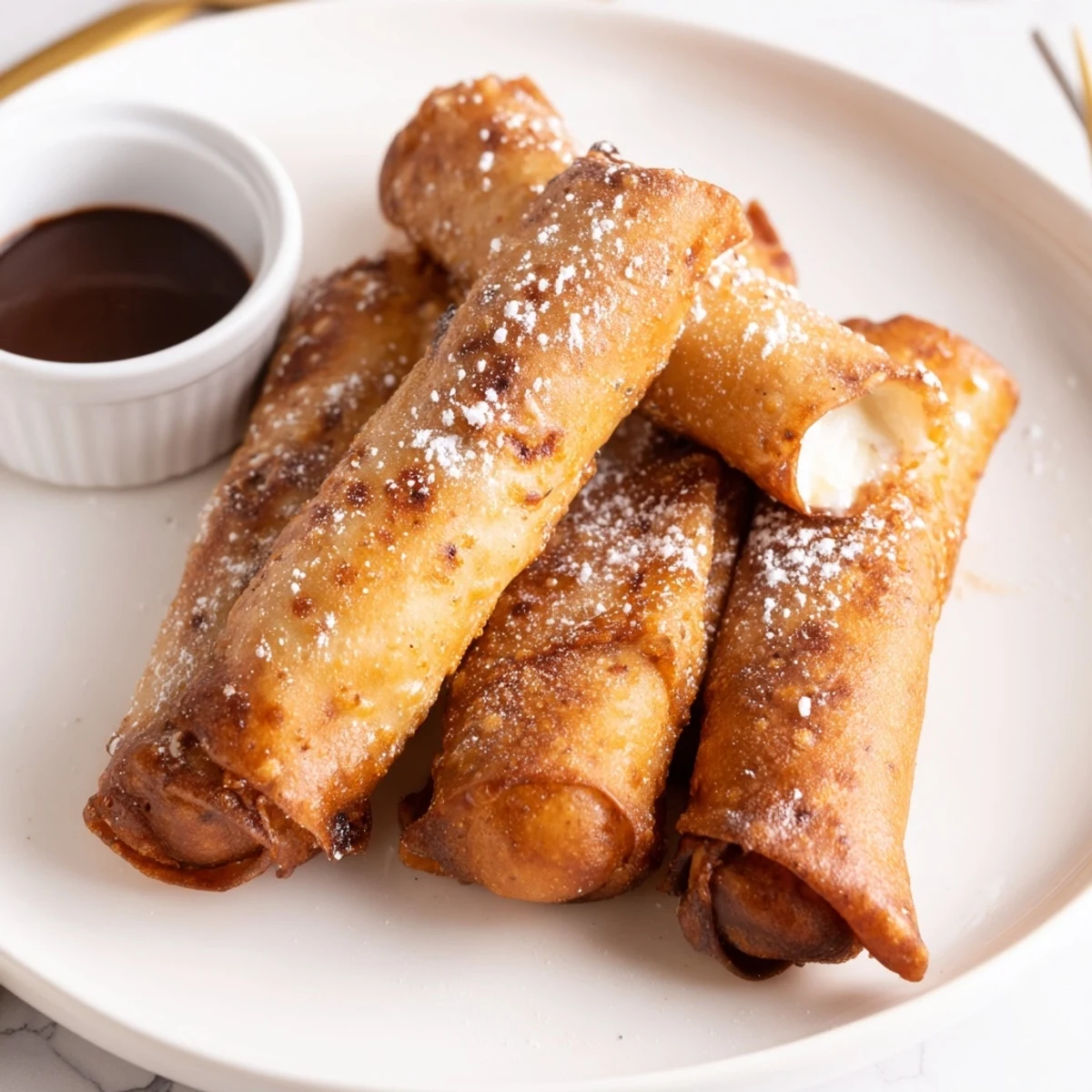 Crispy golden cheesecake egg rolls dusted with powdered sugar on a rustic plate