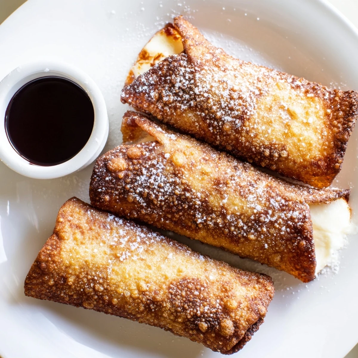 Cheesecake egg rolls served warm with rich chocolate dipping sauce close-up