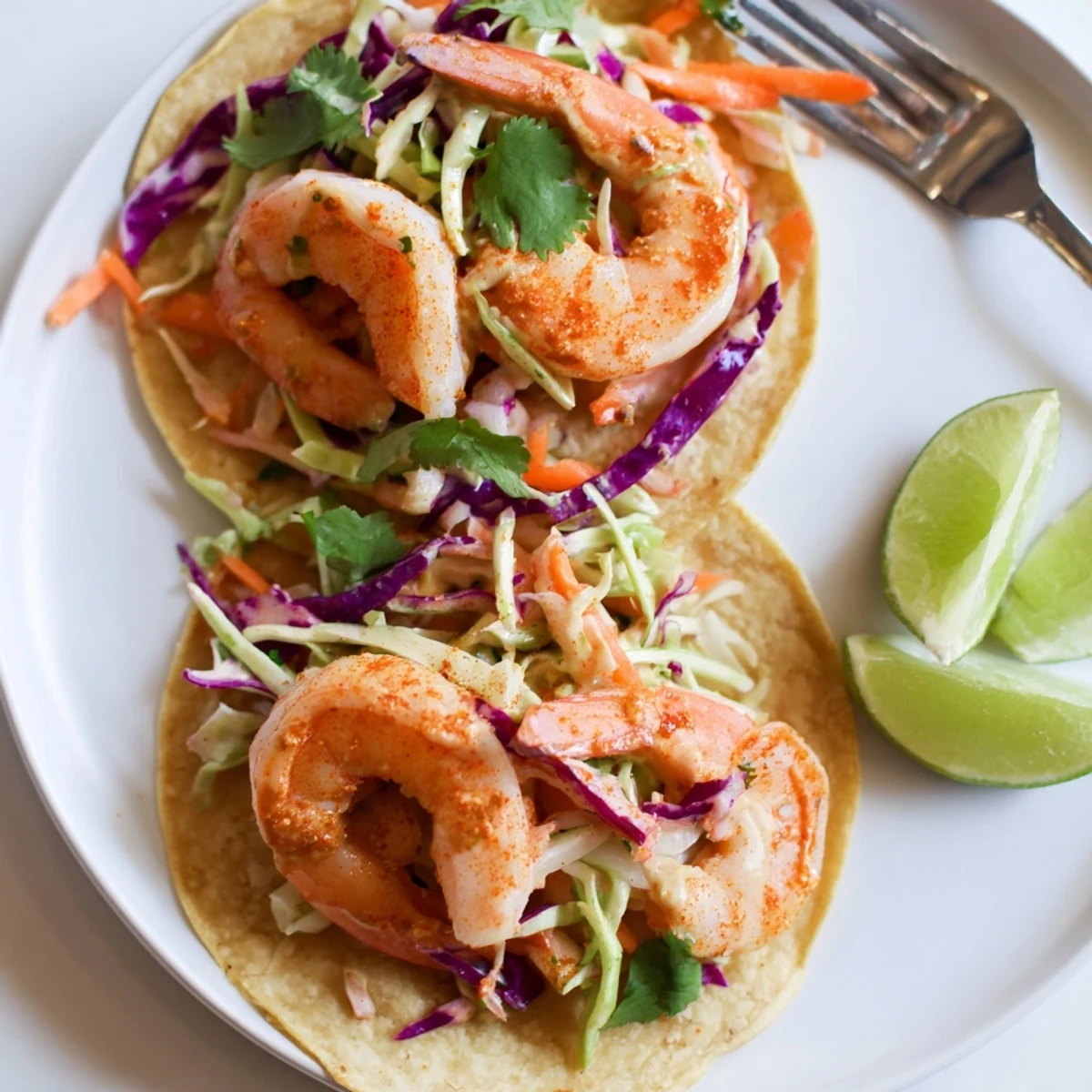 Spicy shrimp tacos topped with crunchy garlic cilantro lime slaw on warm tortillas