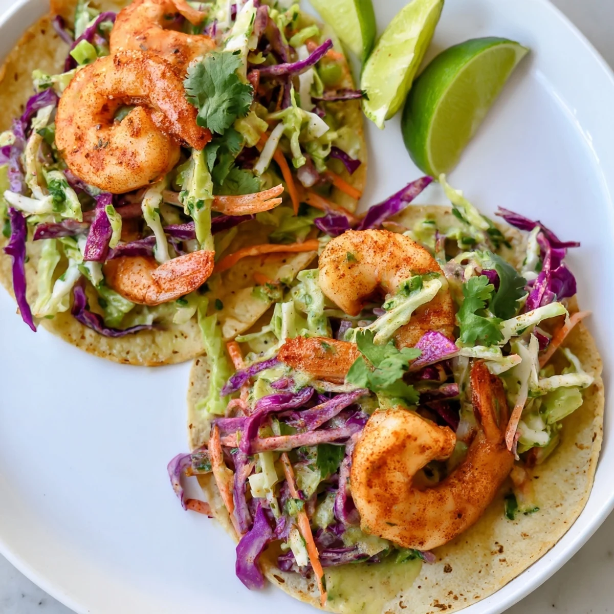 Golden spiced shrimp nestled in soft tortillas with vibrant purple and green slaw