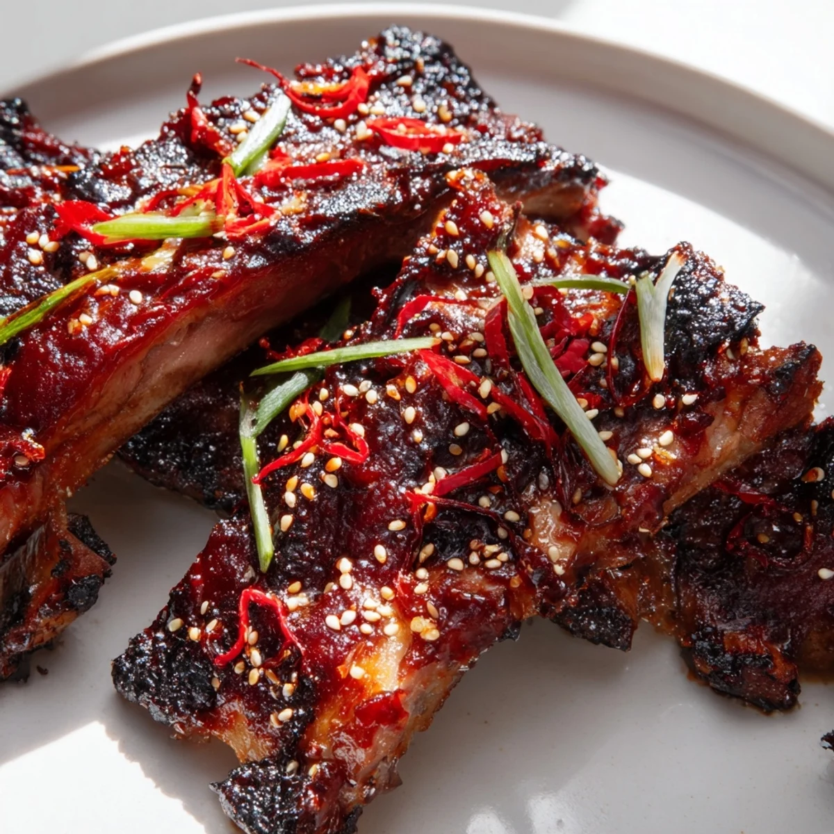 Tender grilled Korean BBQ lamb ribs topped with scallions, sesame seeds, and chili