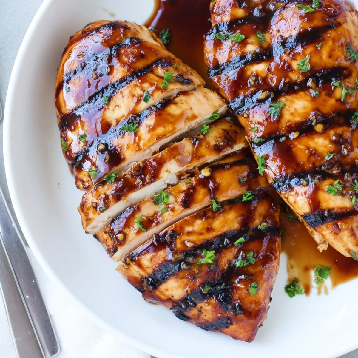 Juicy grilled Coca Cola glazed chicken breast sliced open showing tender meat