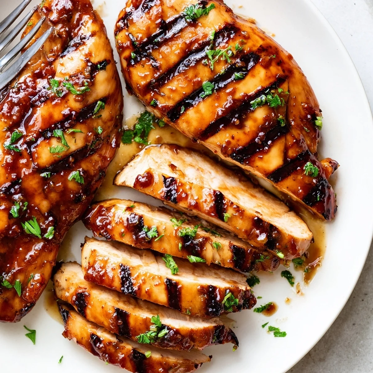 Grilled Coca Cola glazed chicken breast with glossy sticky sauce on a plate
