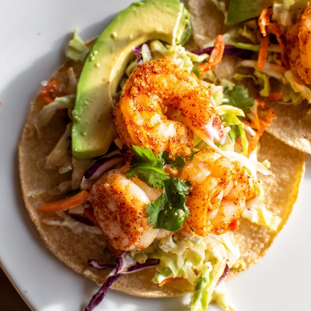 Golden seasoned shrimp nestled in tortillas with tangy garlic cilantro lime slaw