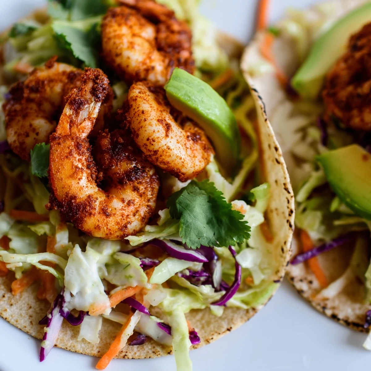 Spicy shrimp tacos loaded with creamy cilantro lime slaw on warm tortillas