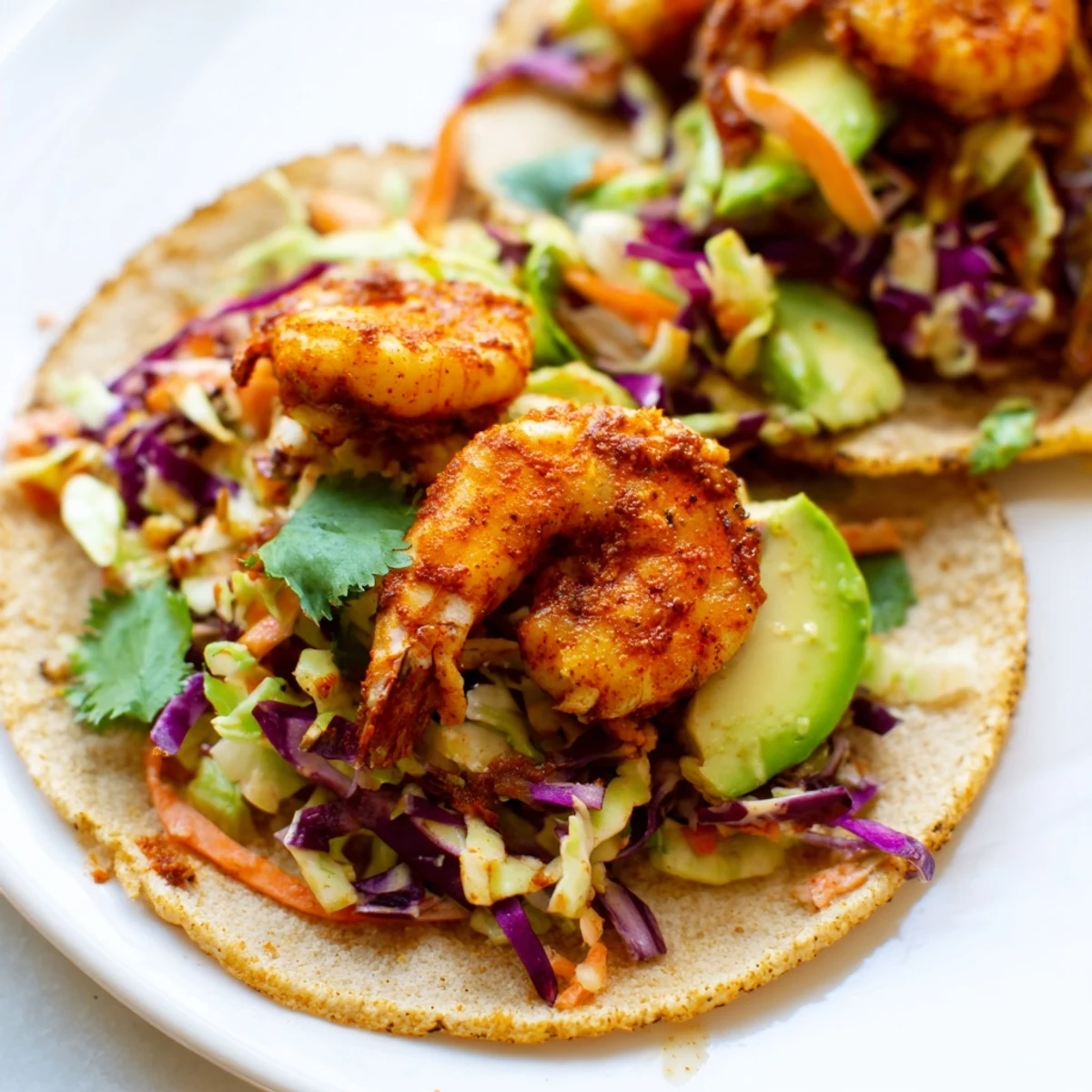 Crispy cabbage and avocado topping these bold spicy shrimp tacos with zesty slaw