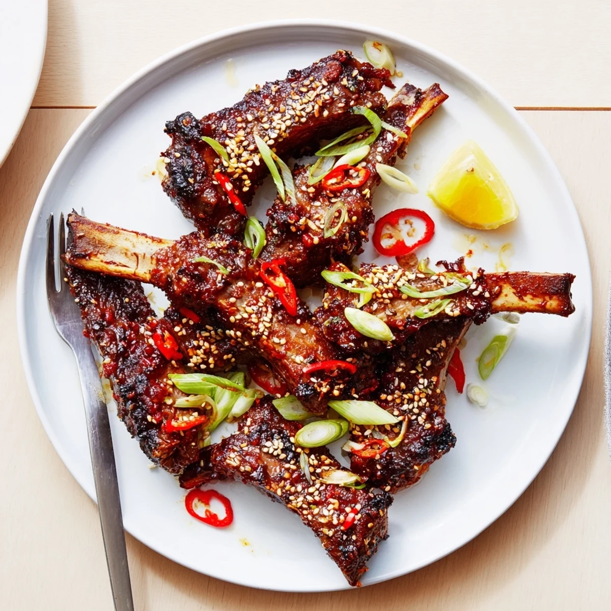 Korean BBQ lamb ribs glazed with gochujang and topped with sesame seeds on a rustic platter