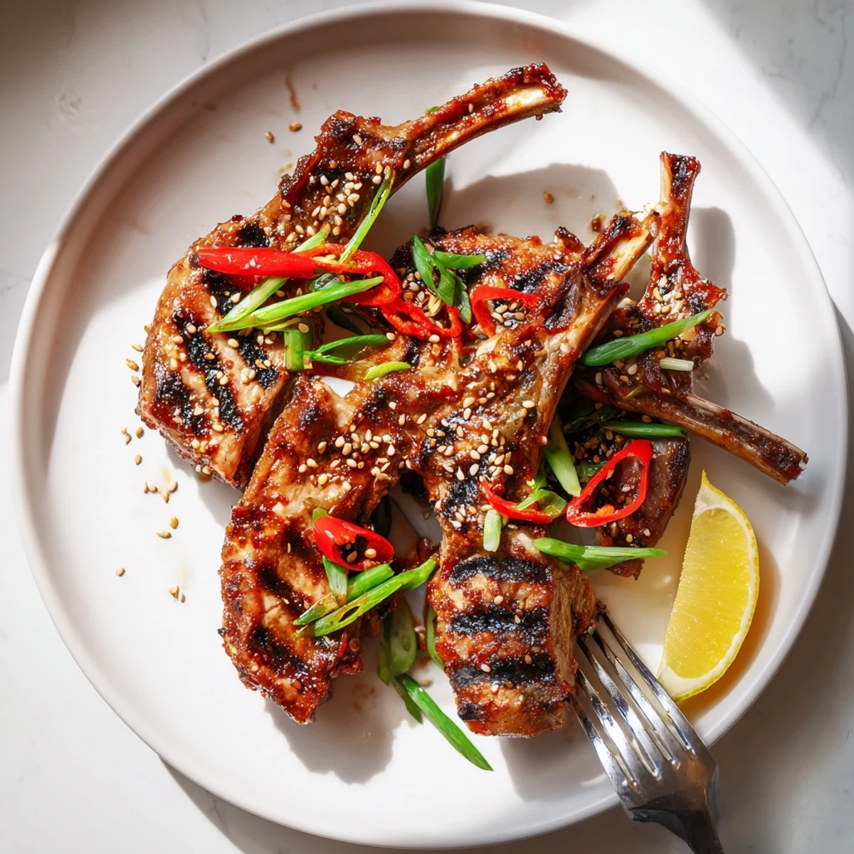 Tender Korean BBQ lamb ribs glistening with sticky marinade and fresh yuzu wedges alongside