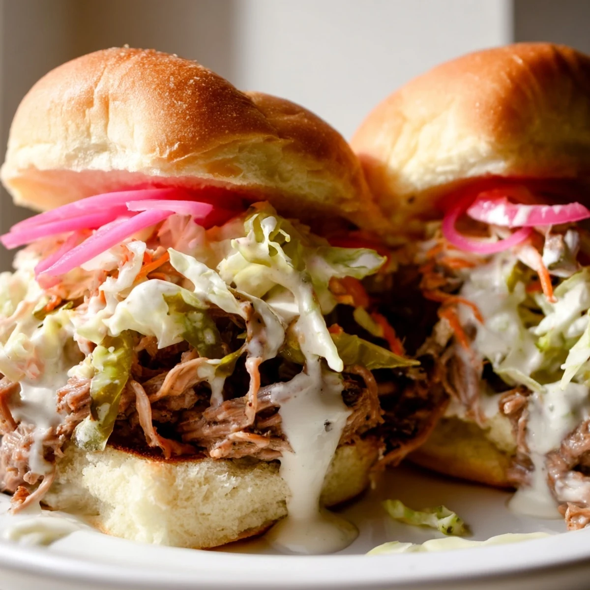 Juicy Alabama White Sauce Pulled Lamb Sliders piled with crunchy slaw on toasted buns
