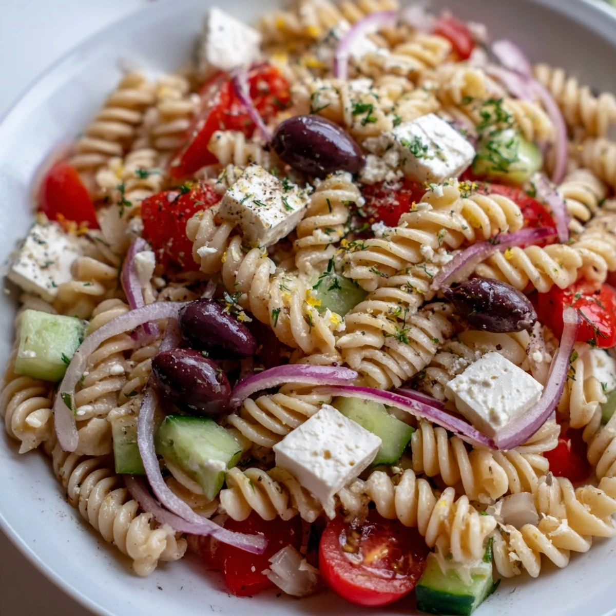 Colorful Greek Pasta Salad loaded with feta, olives, and crisp garden vegetables