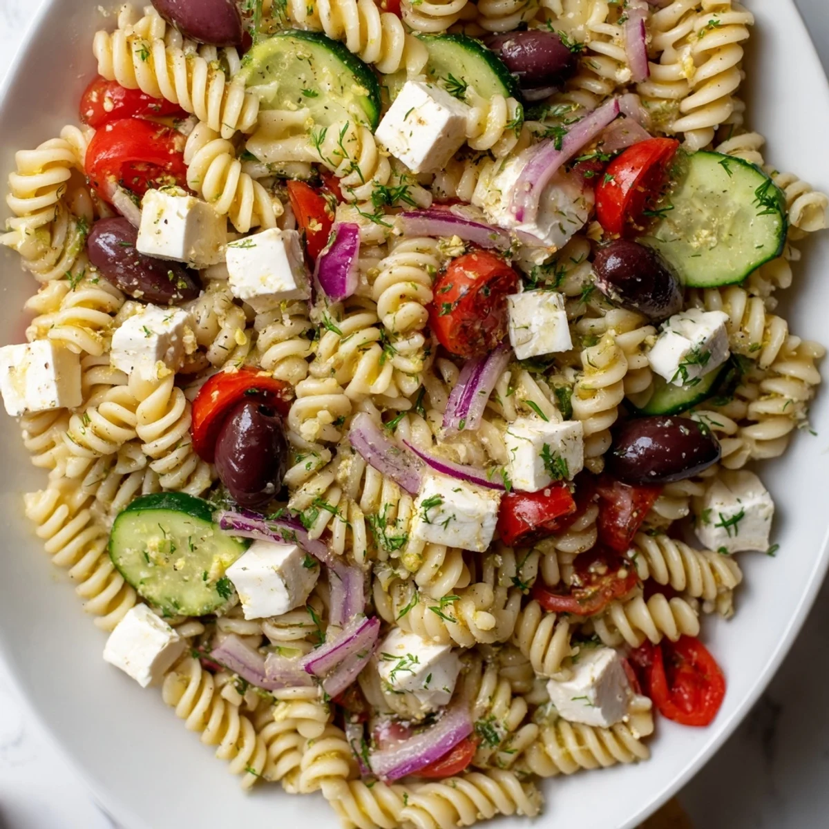 Tangy Greek Pasta Salad tossed in zesty lemon herb vinaigrette with crumbled feta