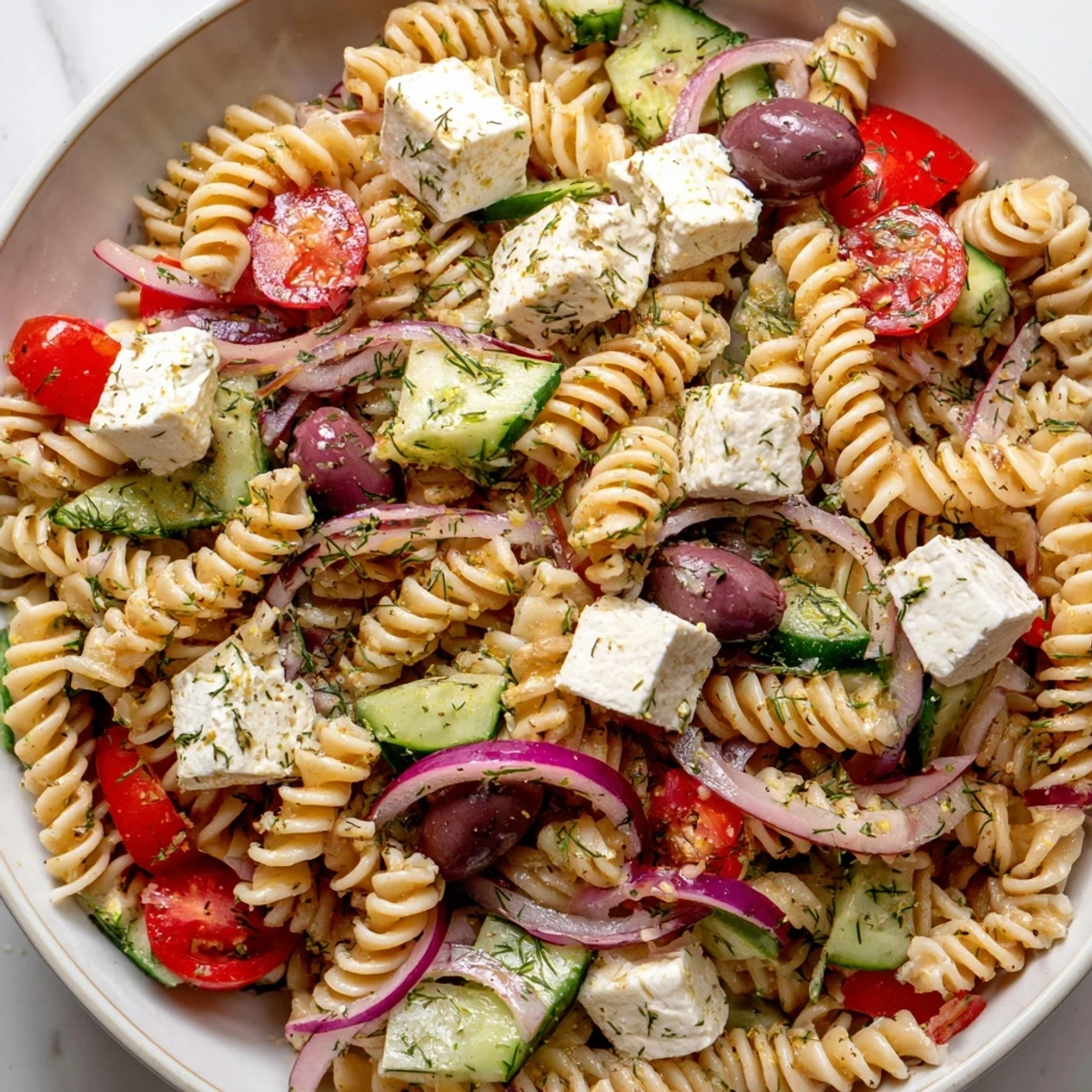 Chilled Greek Pasta Salad in a bright serving bowl with cherry tomatoes and cucumbers