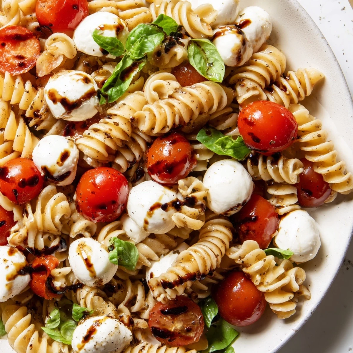 Chilled Caprese Pasta Salad featuring plump tomatoes, creamy mozzarella balls, and a sweet-tangy balsamic drizzle