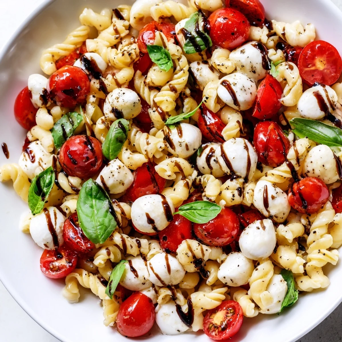 Colorful Caprese Pasta Salad tossed with ripe tomatoes, tender pasta, and fragrant basil in a serving bowl
