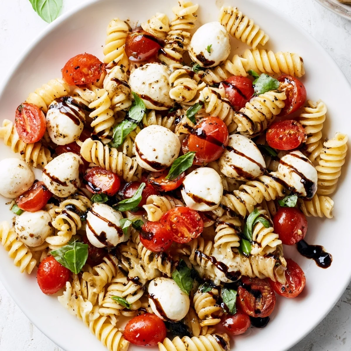 Bright Caprese Pasta Salad with juicy cherry tomatoes, fresh mozzarella, and torn basil leaves drizzled with balsamic glaze