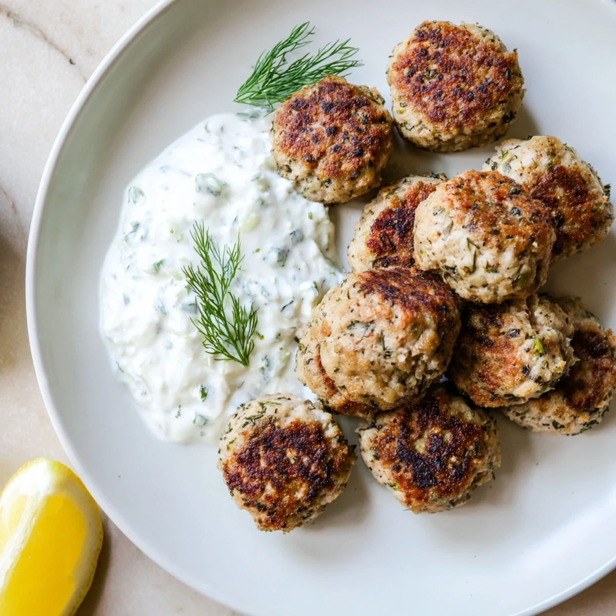 Golden Greek turkey meatballs nestled beside a bowl of cool, creamy tzatziki sauce