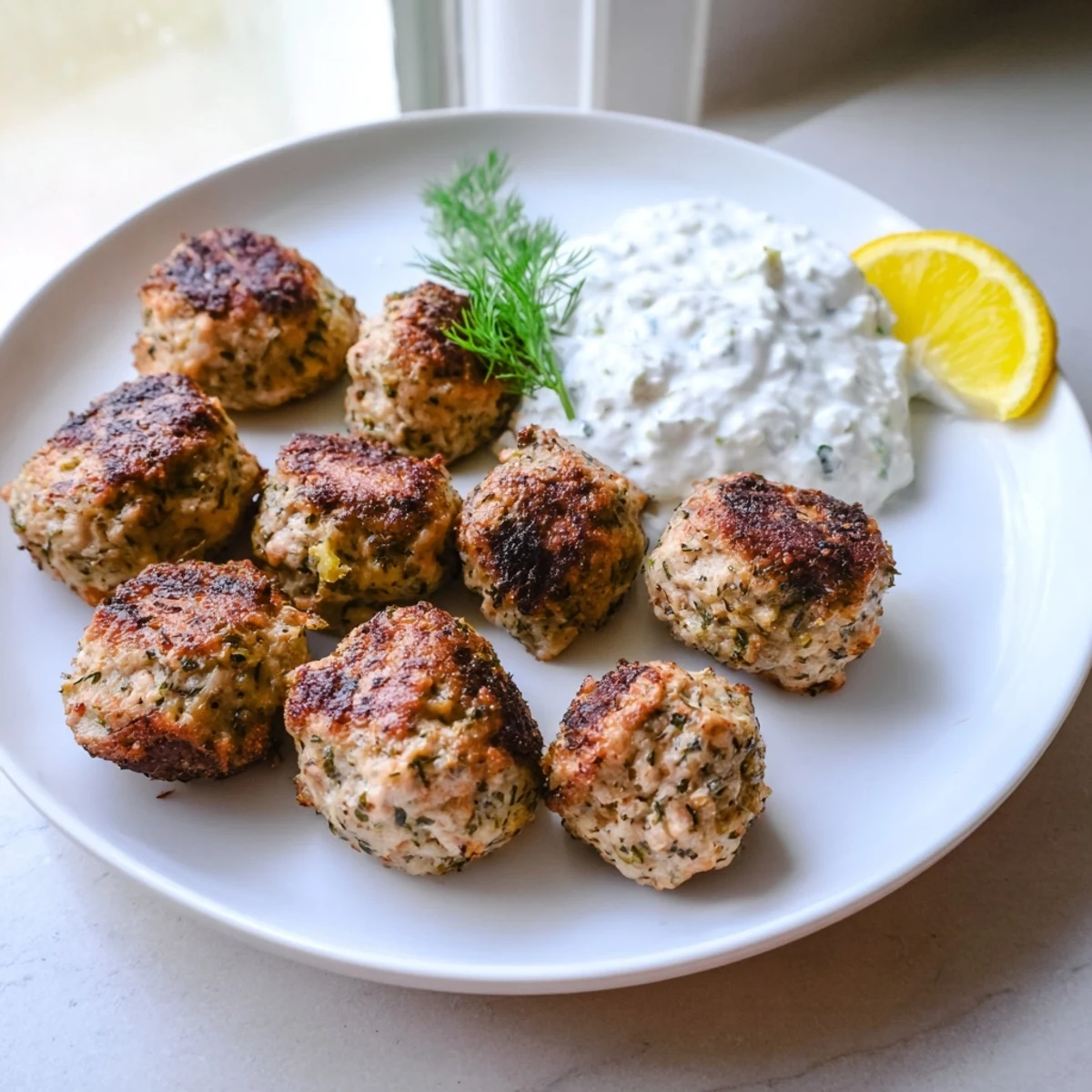 Herb-flecked Greek turkey meatballs drizzled with olive oil and bright lemon wedges