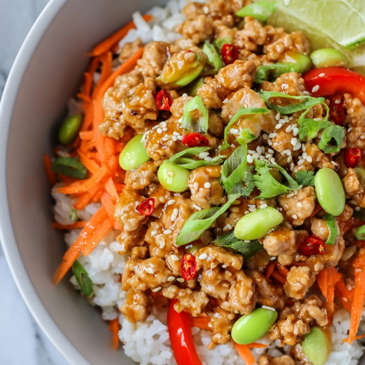 Hearty ground turkey rice bowls loaded with colorful veggies and savory sesame sauce