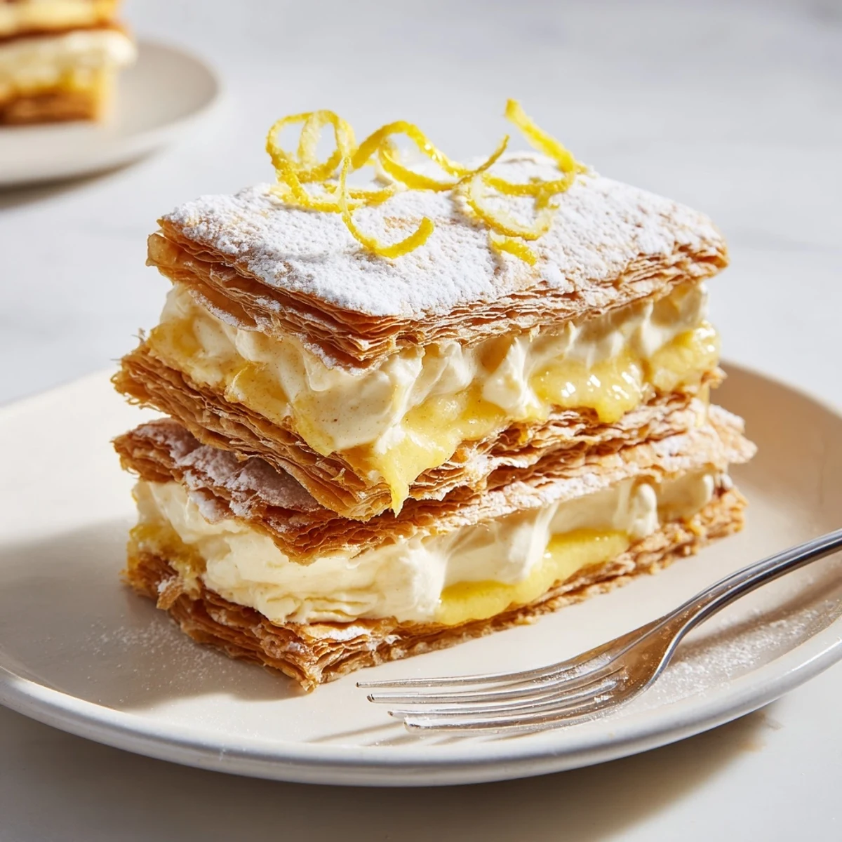 Crisp golden Lemon Ricotta Puff Pastry Mille Feuille dusted with snowy powdered sugar