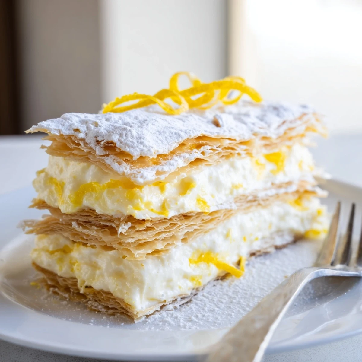 Flaky Lemon Ricotta Puff Pastry Mille Feuille stacked with smooth tangy ricotta filling
