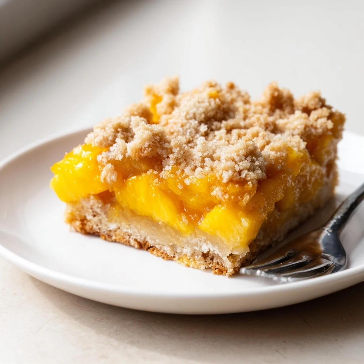 Golden sweet and buttery peach bars with cinnamon streusel fresh from the oven