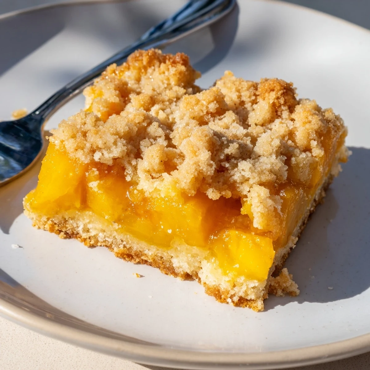 Sweet and buttery peach bars with cinnamon streusel topped with juicy peach filling