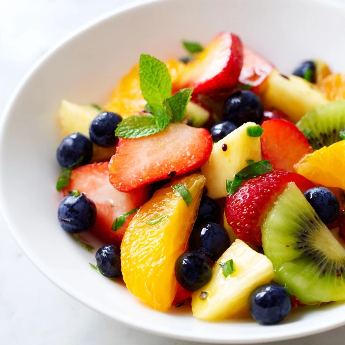 Colorful fruit bowl bursting with fresh strawberries, blueberries, and juicy pineapple chunks