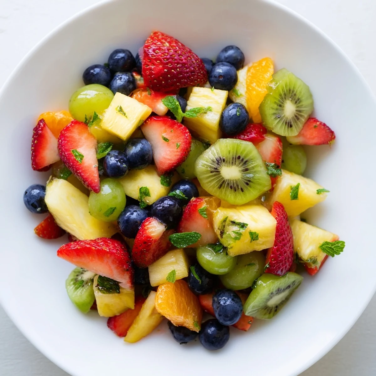 Refreshing fruit bowl drizzled with honey mint dressing in a serving dish