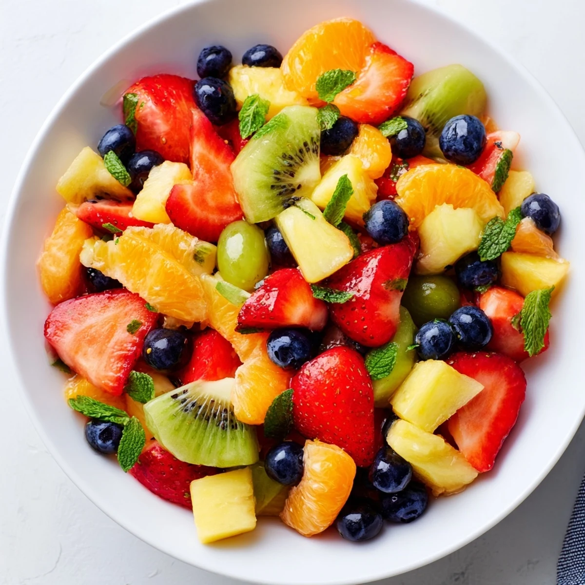 Vibrant fruit bowl featuring kiwi, grapes, and orange segments on a rustic table