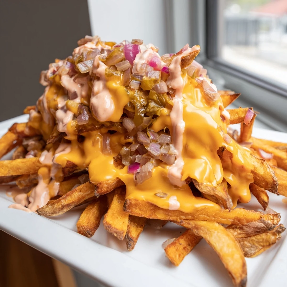 Crispy golden In-N-Out Animal Style fries loaded with melted cheese and tangy sauce