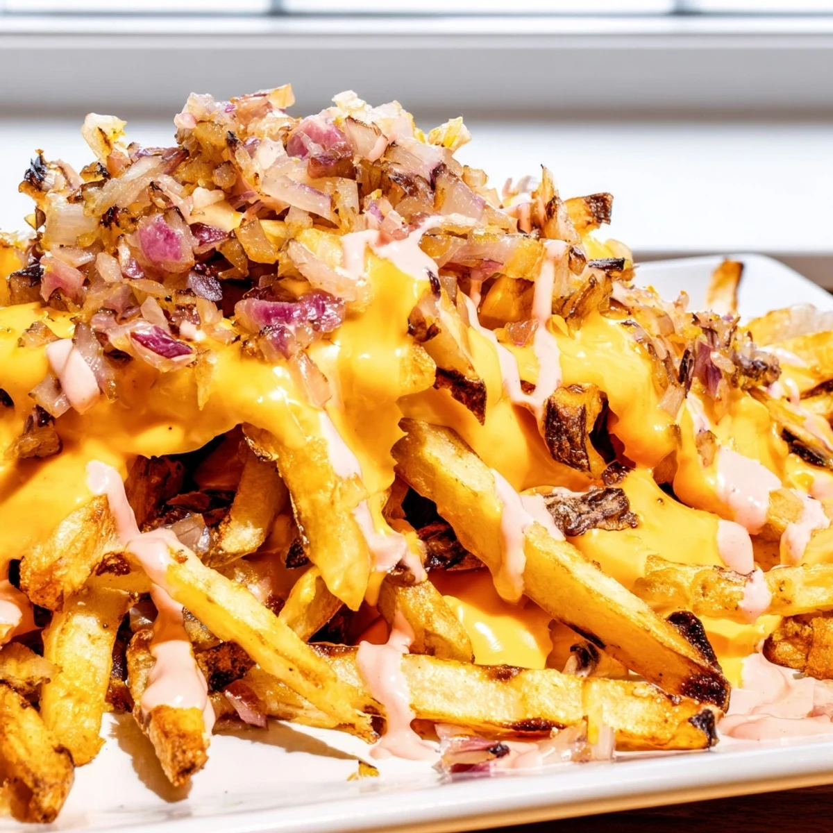 Steaming tray of homemade In-N-Out Animal Style fries dripping with melty cheese and toppings