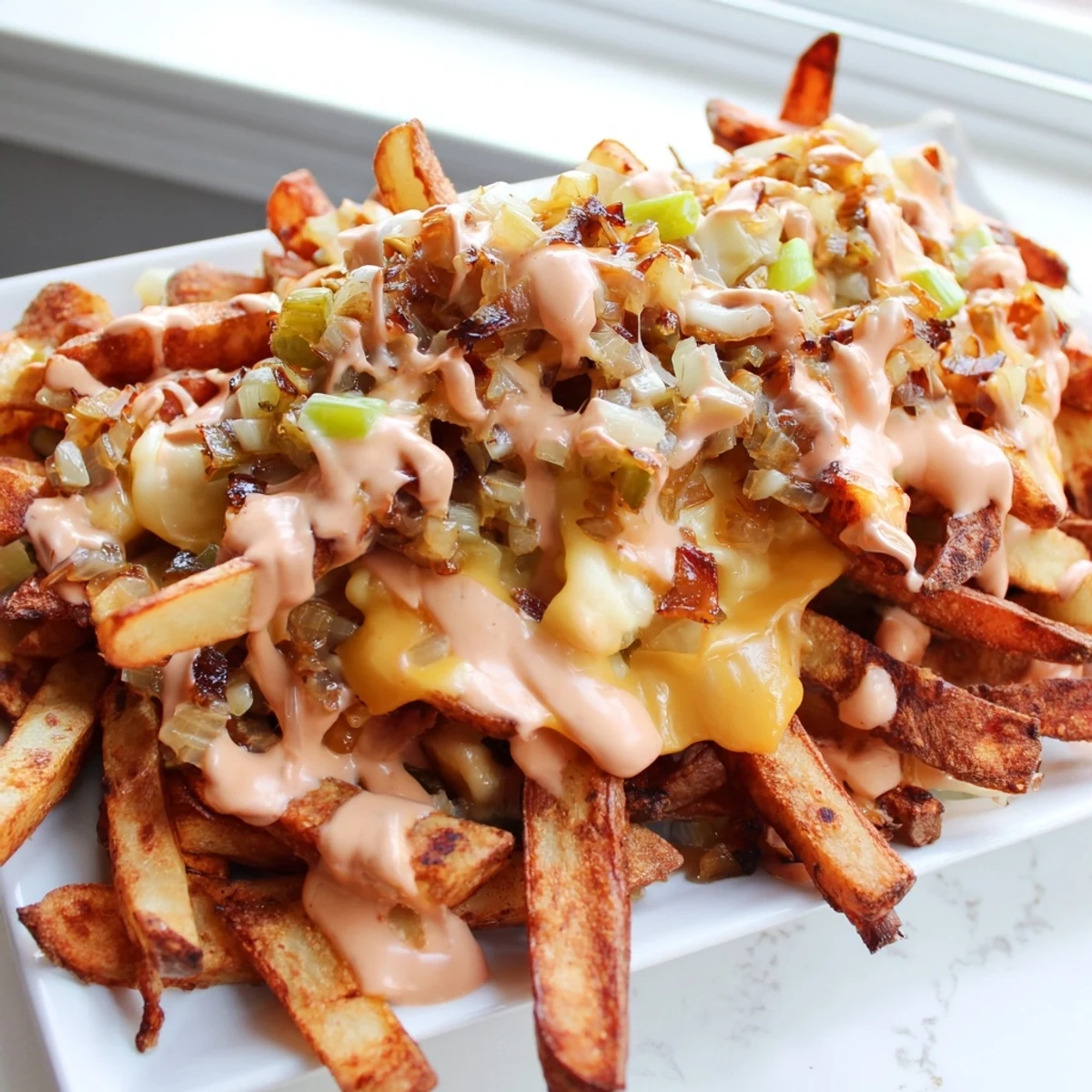 In-N-Out Animal Style fries smothered in gooey cheese, caramelized onions, and creamy sauce