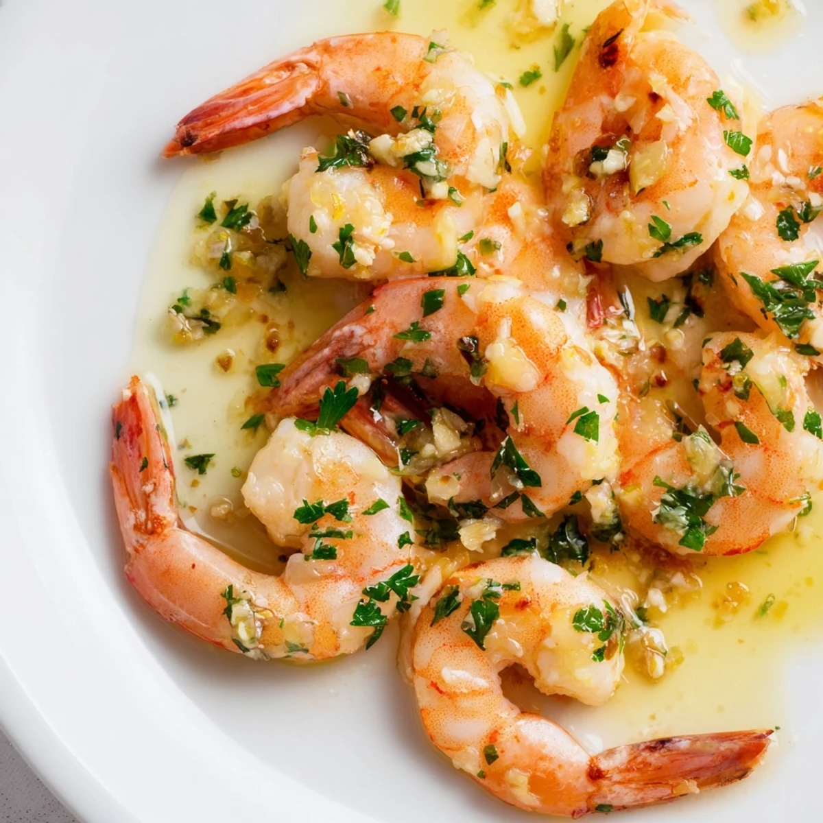 Succulent buttered shrimp sizzling in a cast iron skillet with minced garlic and lemon wedges