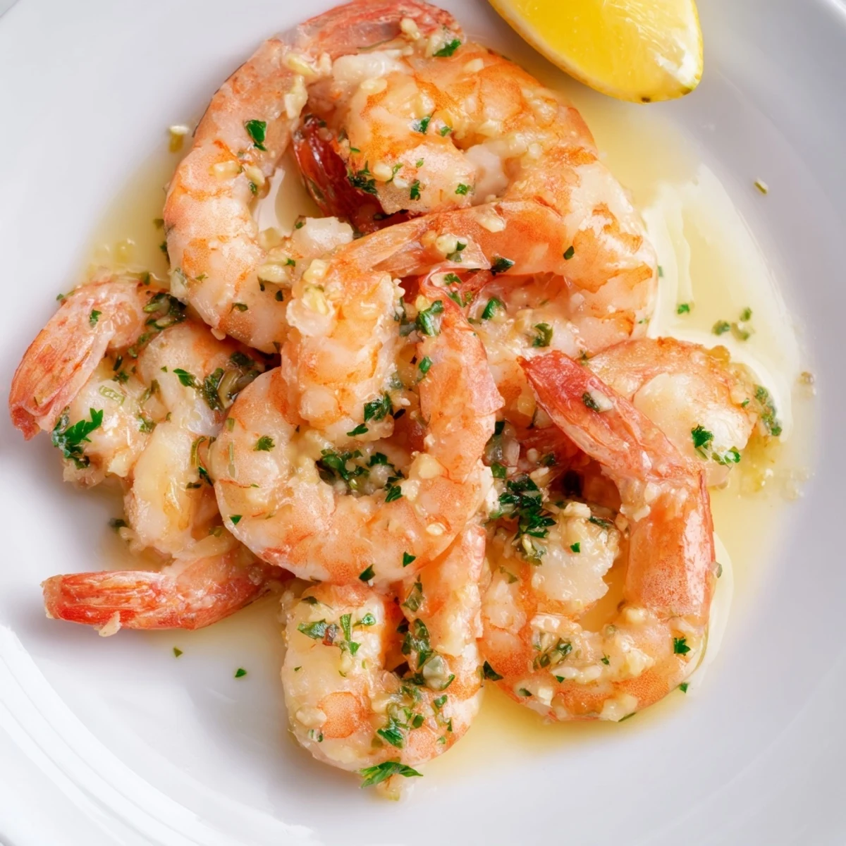 Plump buttered shrimp tossed in a rich golden garlic butter sauce ready for serving