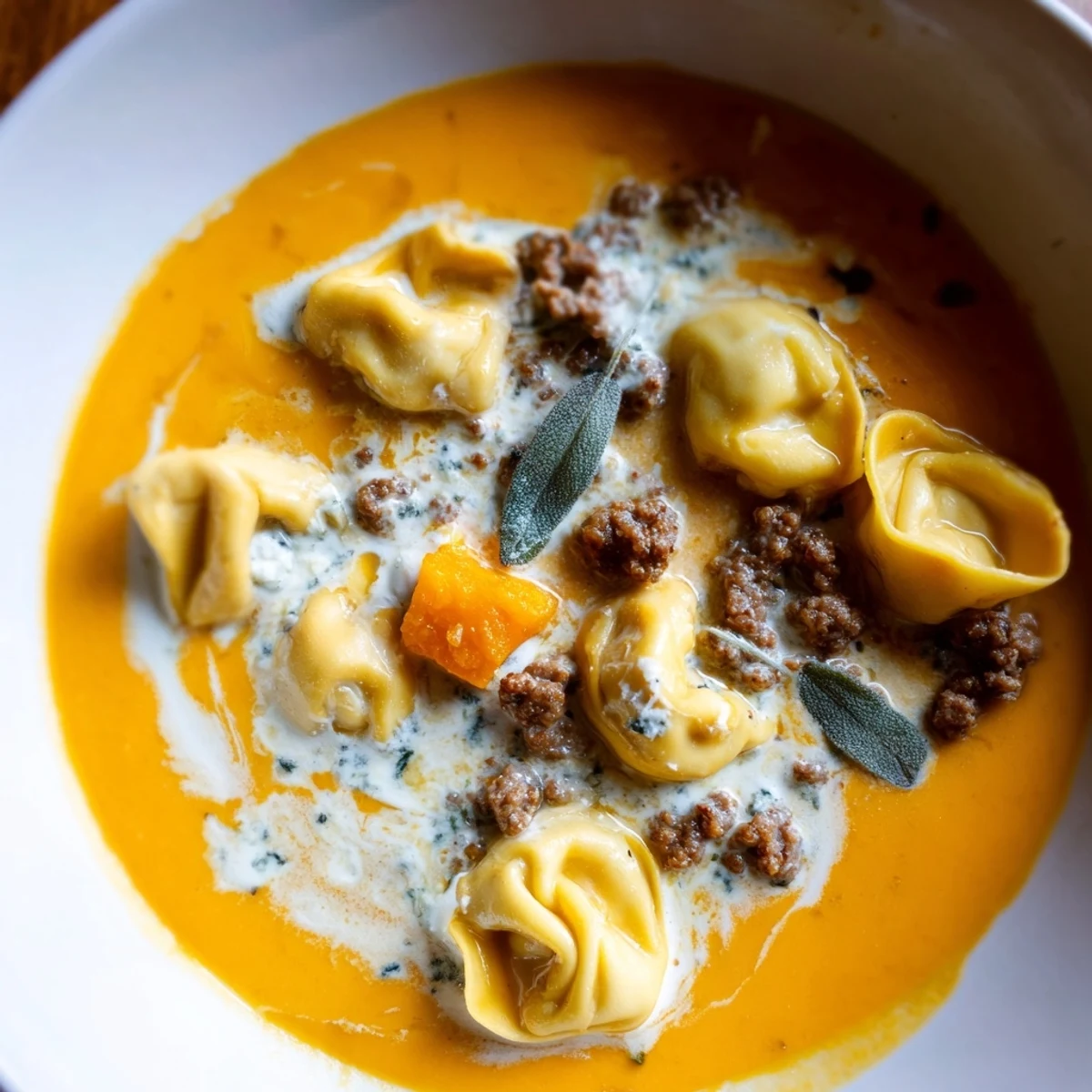 Golden butternut squash sausage tortellini soup topped with a velvety sage cheese swirl
