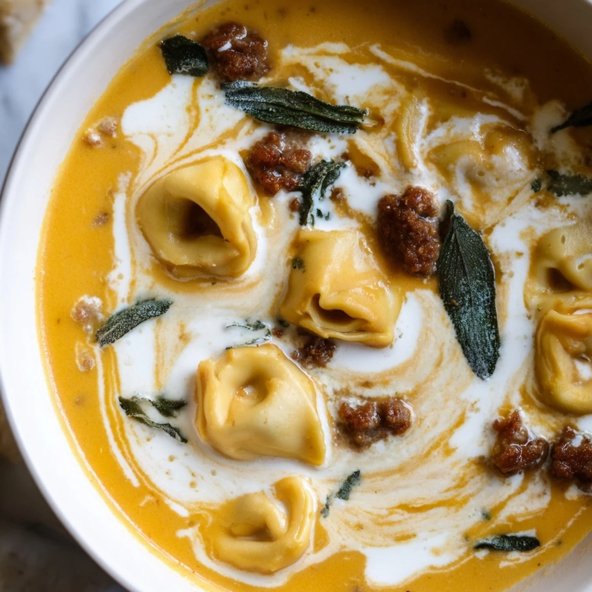Creamy butternut squash sausage tortellini soup served in a rustic bowl with sage cheese swirl