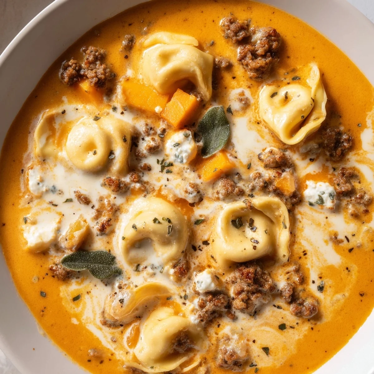 Steaming bowl of butternut squash sausage tortellini soup garnished with fresh sage leaves