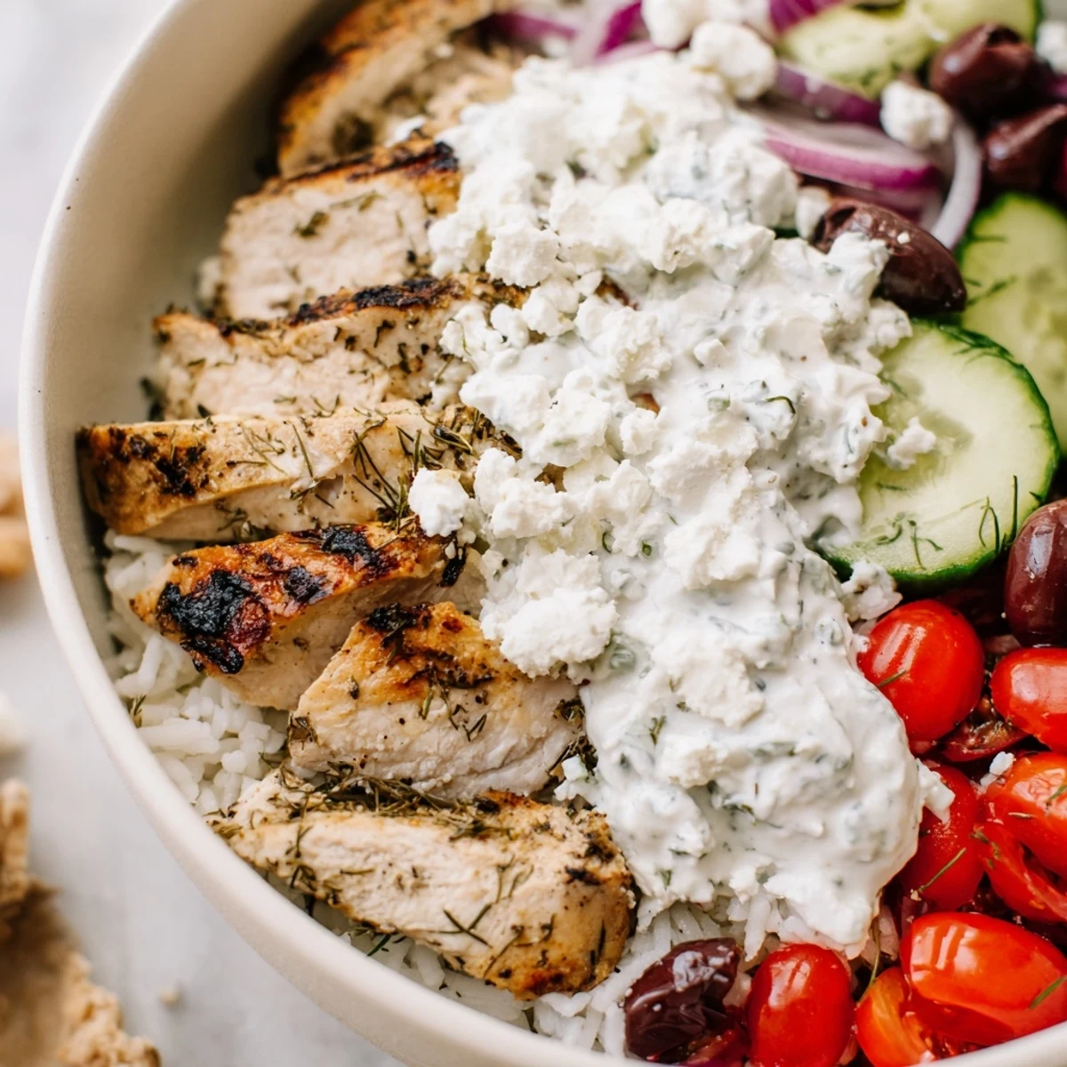 Colorful Greek Chicken Bowls with juicy grilled meat, crisp veggies, and creamy tzatziki