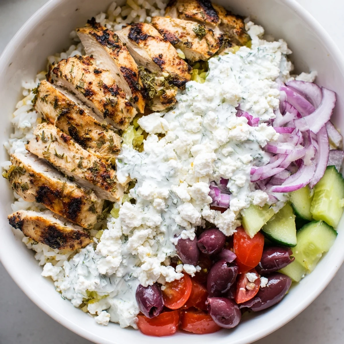 Golden herbed chicken sliced over fluffy rice in vibrant Greek Chicken Bowls