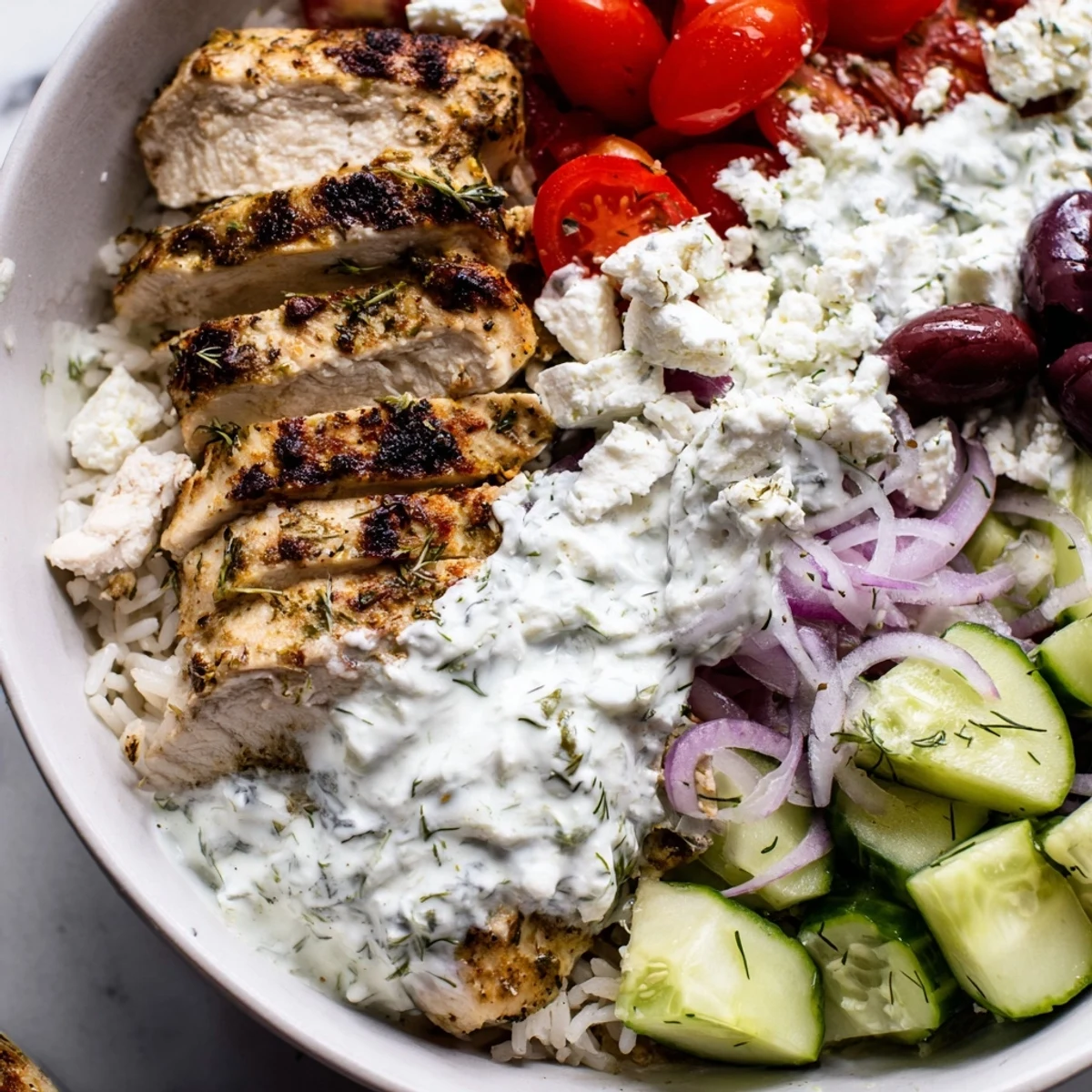 Steaming Greek Chicken Bowls topped with crumbled feta, ripe tomatoes, and cool tzatziki sauce