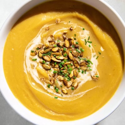 Rich, velvety Winter Squash Soup with Apple, made sweet with apple and spiced with cinnamon and nutmeg.