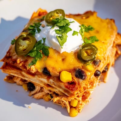 Layers of shredded chicken and corn tortilla stack up inside a savory red enchilada sauce casserole.