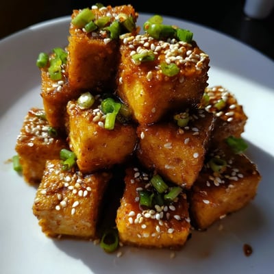 Close-up of glossy soy-glazed tofu pieces, highlighting the crunchy texture and savory coating ready for an appetizer or main dish.