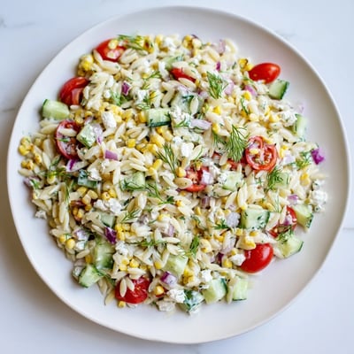 A vibrant summer Grilled Corn Orzo Salad with Scallion Dill Dressing served as a light lunch.